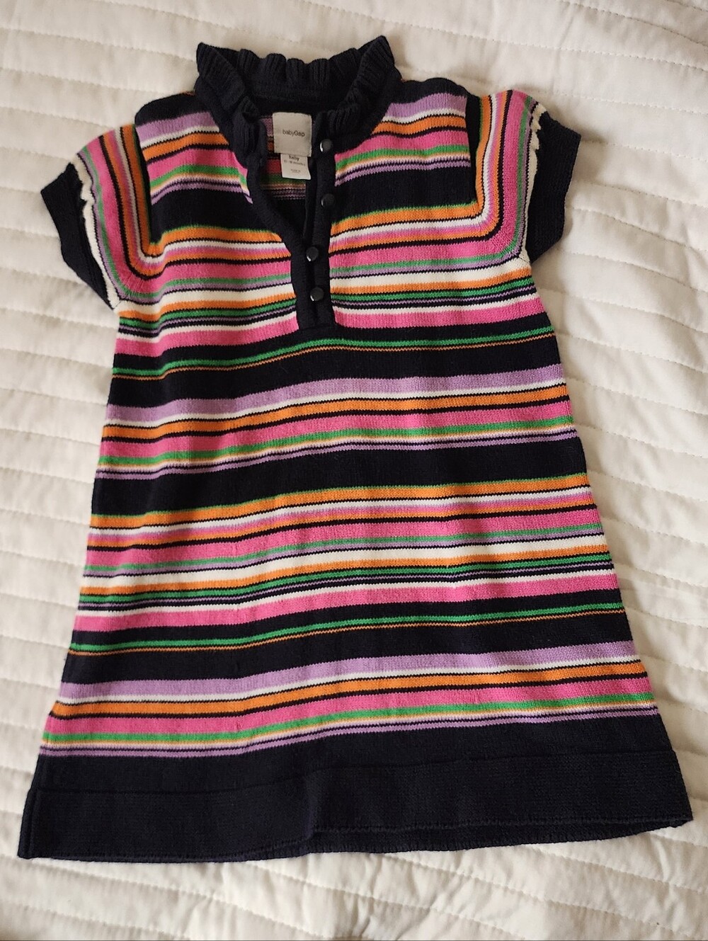 ​Vintage babyGap Multi-Color Striped Knit Dress Ruffle Collar 12-18 Months Y2K B